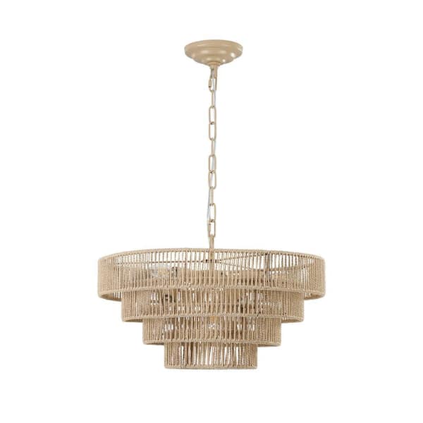 Bohemian 6-Light 4-Tier Brown Woven Rattan Round Chandelier for Living Room Kitchen Island with No Bulb Included