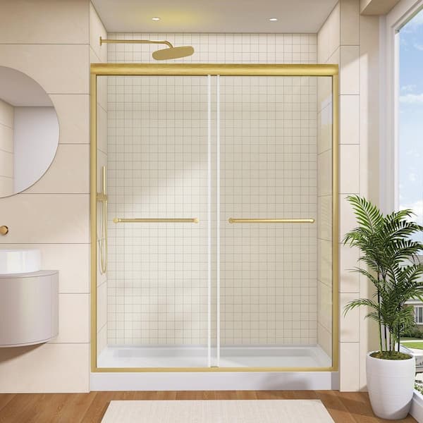 56-60 in. W x 75 in. H Double Sliding Semi-Frameless Shower Door in Brushed Gold with 5/16 in. Tempered Clear Glass