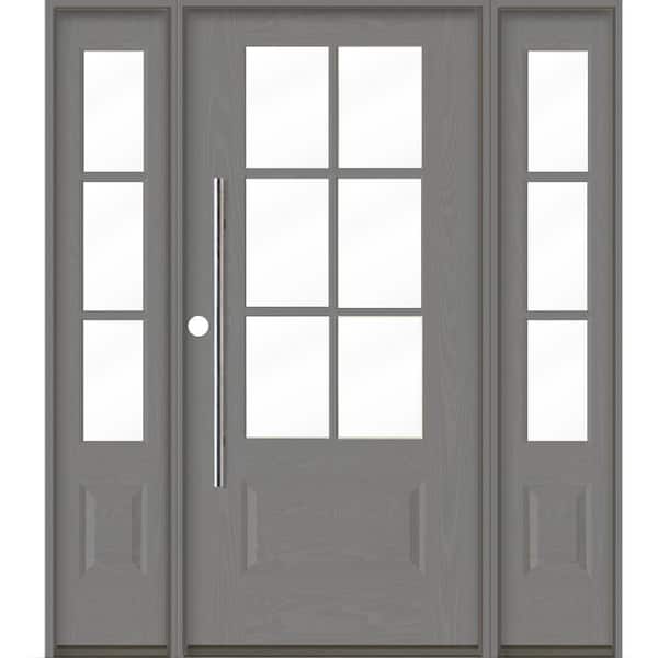 Krosswood Doors Faux Pivot 64 in. x 80 in. 6-Lite Right-Hand/Inswing Clear Glass Malibu Grey Stain Fiberglass Prehung Front Door w/DSL