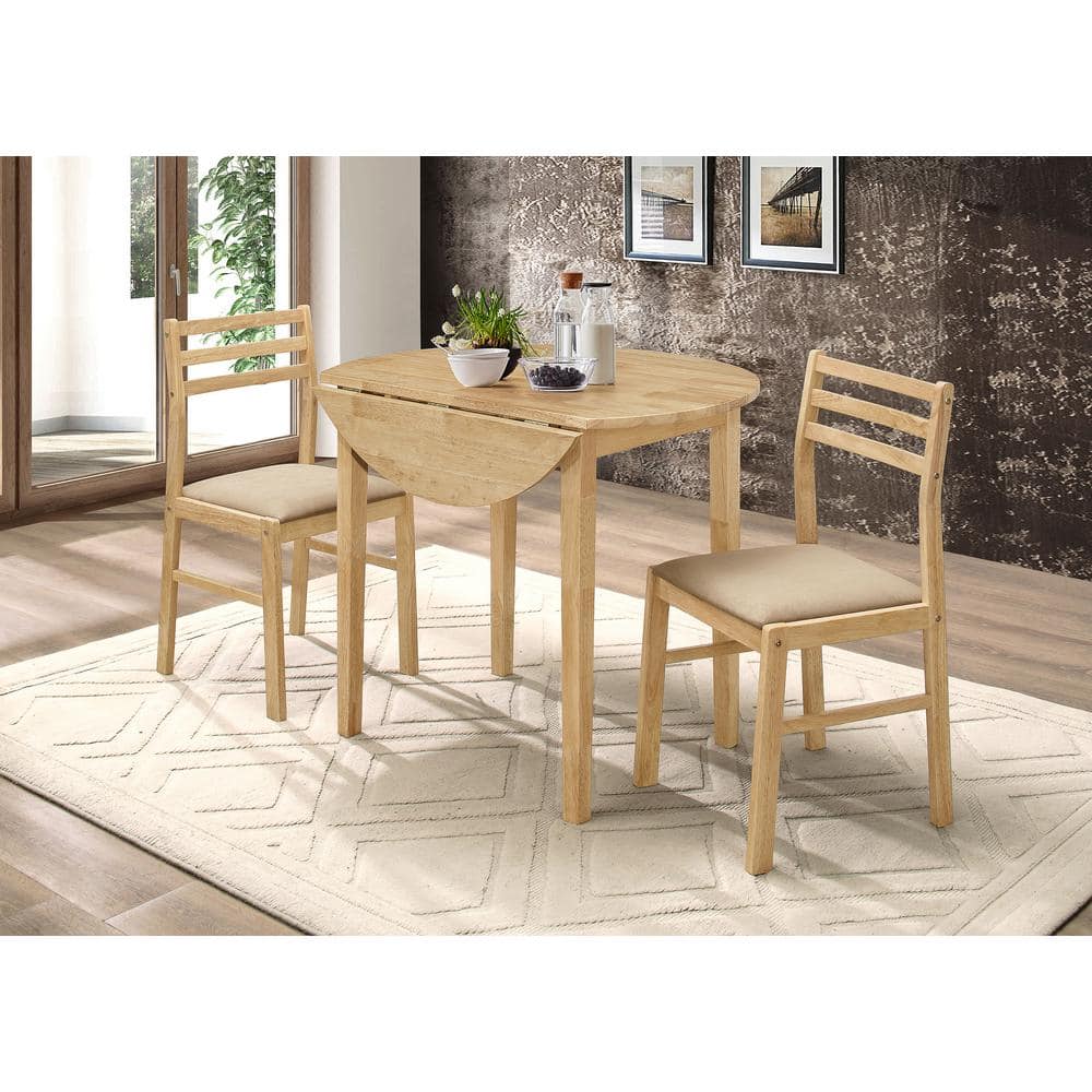 Natural Beige Round Drop-Leaf Dining Table Set with Two Chairs