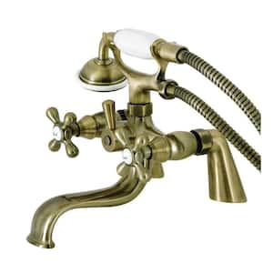 Kingston 3-Handle Deck-Mount Clawfoot Tub Faucets with Handshower in Antique Brass
