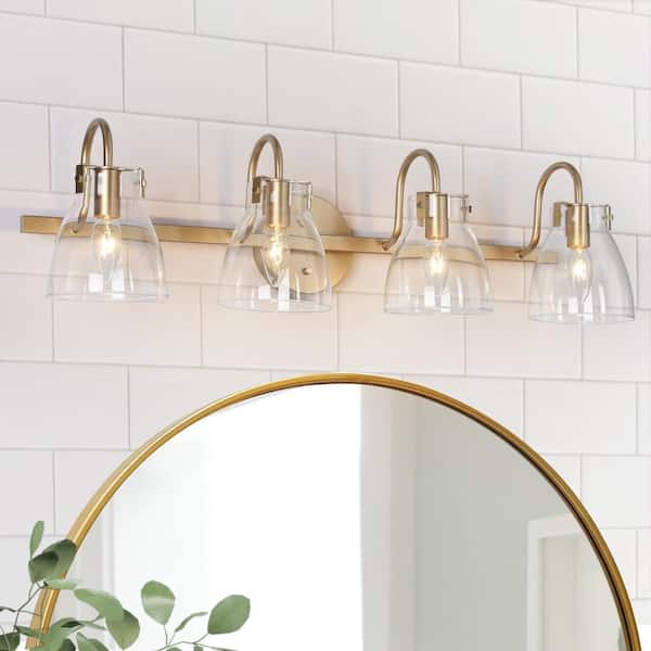 Farmhouse 28.5 in. 4-Light Dark Gold Vanity Light, Bathroom Wall Lamp with Clear Glass, Mid-century Bell Bath Lighting