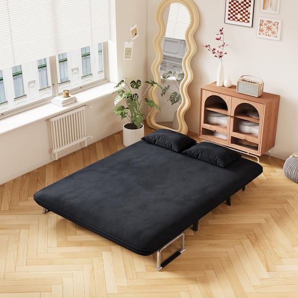 J&E Home 55.1 in. W Black Velvet Twin Size 2-Seats Convertible Sofa Bed