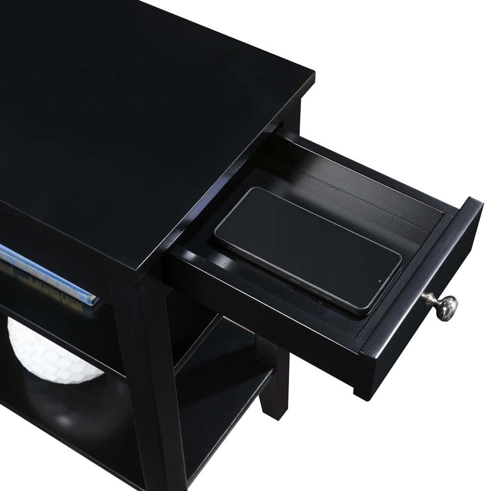 Black Wood and Metal Chairside End Table with Charging Station