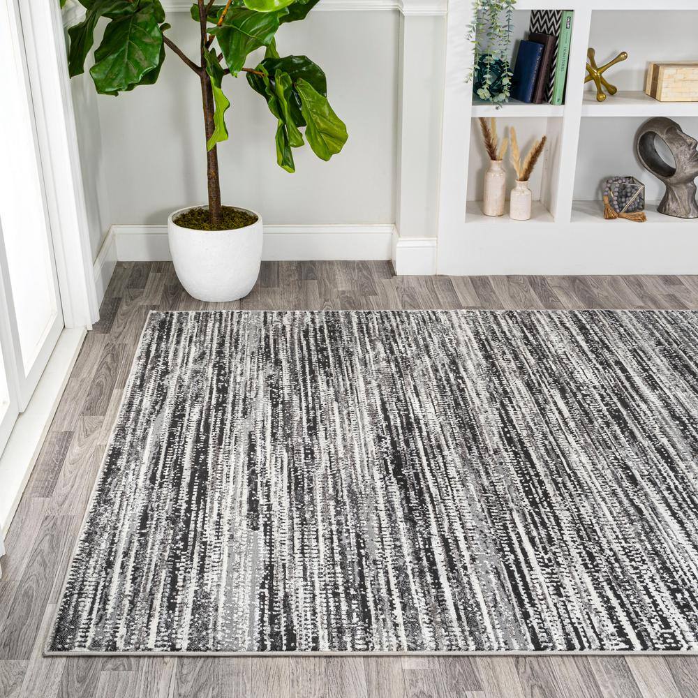 Gray and Black Striped Synthetic Flat Woven Round Rug