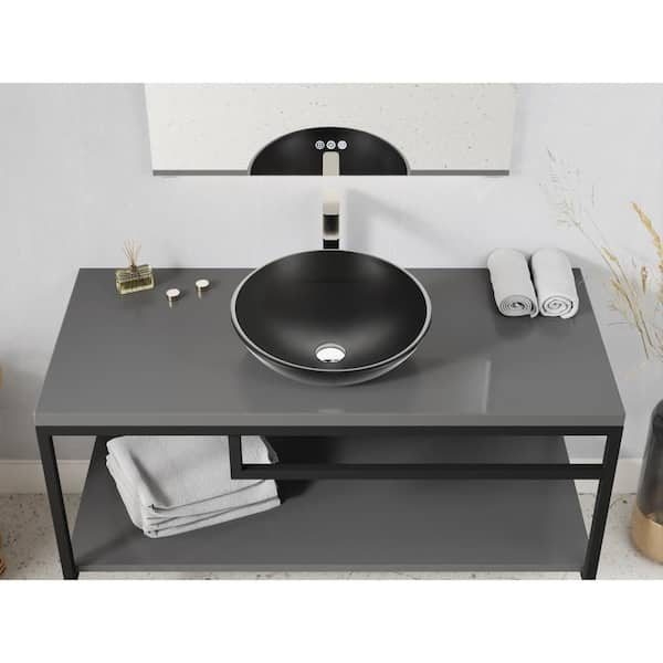 Amalfi Series 17 in. L x 17 in. W Round Bathroom Vessel Sink in Matte Black Finish Glass with Chrome Pop-Up Drain