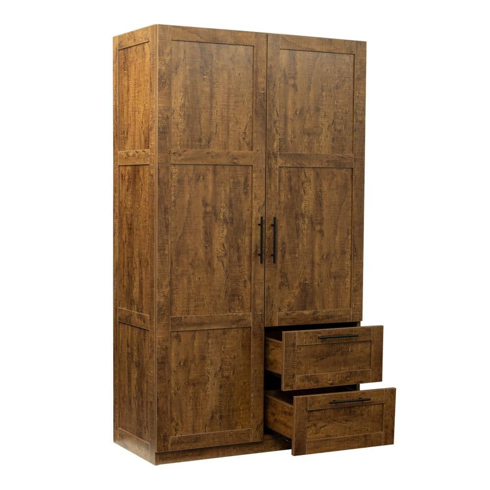 Walnut Simple Wooden Armoire with 2 Drawers and 5 Storage Spaces( H 71 in. 