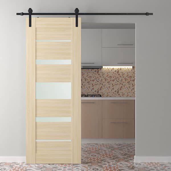 Belldinni Vona 07-03 32 in. x 80 in. 5-Lite Frosted Glass Loire Ash Wood Composite Sliding Barn Door with Hardware Kit
