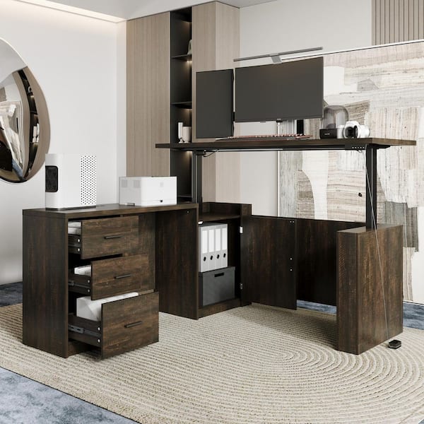 63 in. L-Shaped Brown Wood Grain Electric Adjustable Height Computer Desk with 3-Drawers, Memory Settings and Cabinet