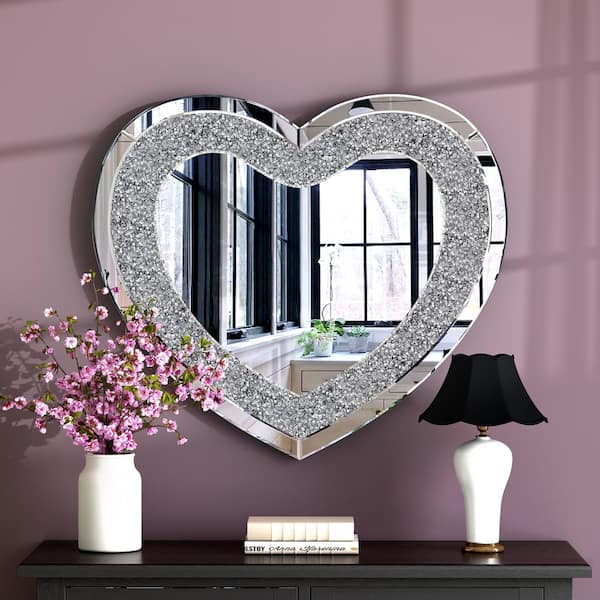 THKSHOUZ Silver 27.5 in. W x 31 in. H Modern Heart Crushed Diamond Wall Mirror