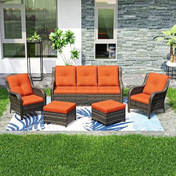 JOYSIDE 5-Piece Wicker Outdoor Patio Seating Conversation Set Sectional Sofa with Orange Cushions