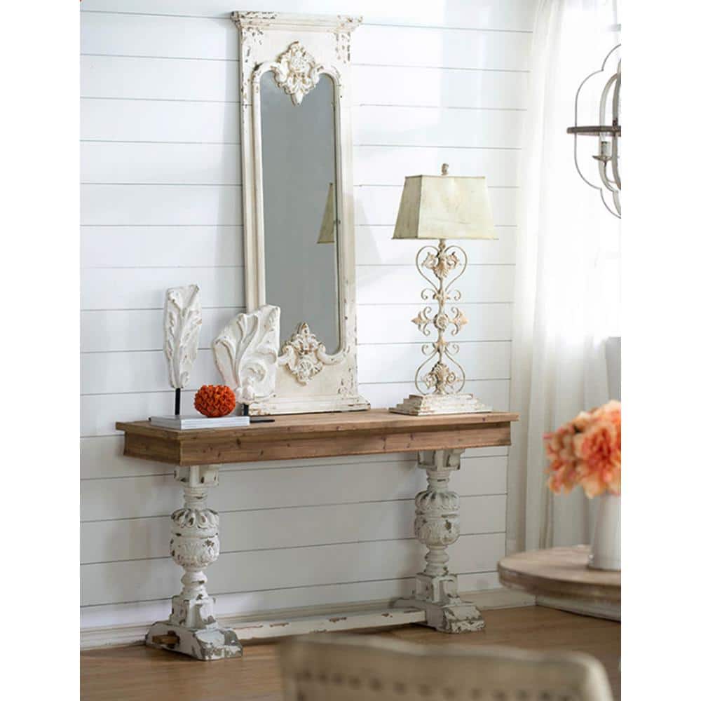 Vintage Whitewashed Mirrored Fir Wood Buffet Table