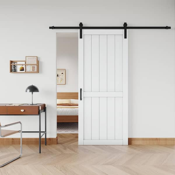 36 in. x 84 in. White Paneled H Style White Primed MDF Sliding Barn Door with Hardware Kit