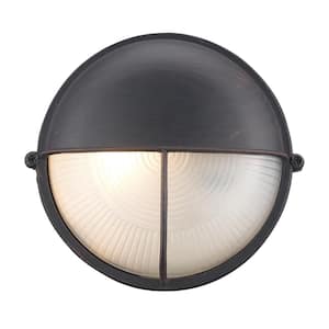 Well 8 in. 1-Light Rust Round Bulkhead Outdoor Wall Light Fixture with Ribbed Glass
