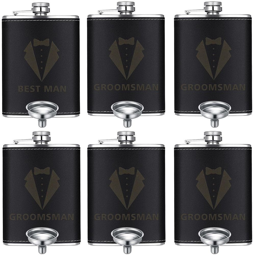 Set of 6 Stainless Steel 8 oz Hip Flask Tuxedo Pattern Groomsmen Gift Set for Wedding and Bachelor Use price history on PriceWatchPro