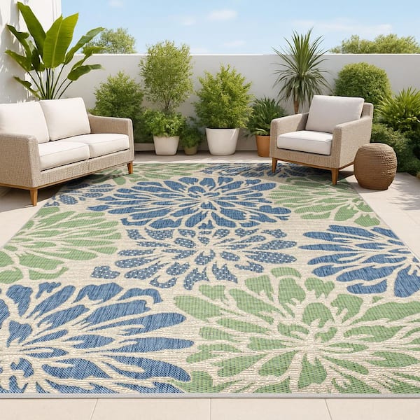 Zinnia Navy/Green 8 ft. x 10 ft. Floral Indoor/Outdoor Area Rug