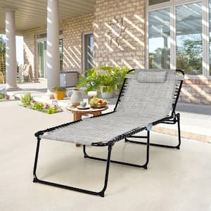 Gray Metal Folding Outdoor Chaise Lounge Chair 4 Position Patio Recliner with Pillow Sunbathe Chair