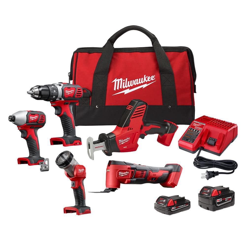MILWAUKEE M18 18V Lithium-Ion Cordless Combo Kit (5-Tool) with (2) Batteries, Charger and Tool Bag (2694-25)