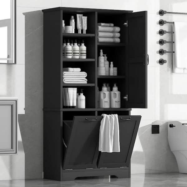 31 in. W x 14 in. D x 68 in. H MDF Ready to Assemble Bath Storage Cabinet in Black with Tilt-Out Laundry Hamper, Drawers