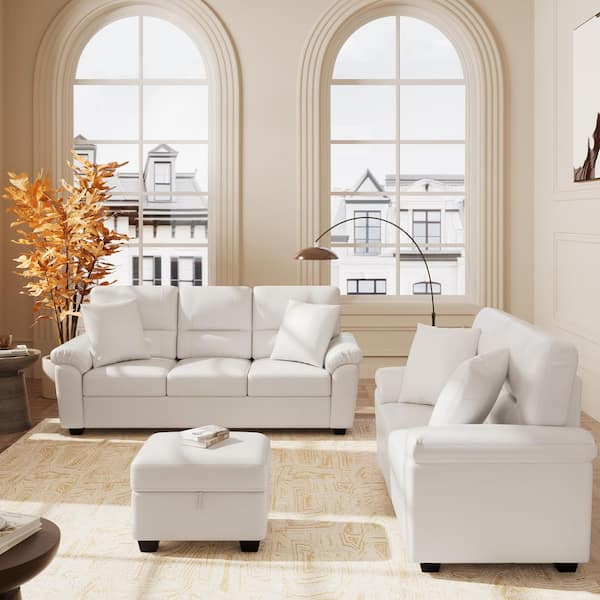 3-Pieces Garrin Modern Couch White Faux Leather Living Room Set Lounge Sofa Loveseat with Storage Ottoman