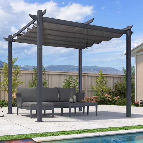 PURPLE LEAF 10 ft. W x 10 ft. D Patio Dark Gray Aluminum Pergola with Gray Adjustable Sun Shelter Canopy and Extra Canopy Top