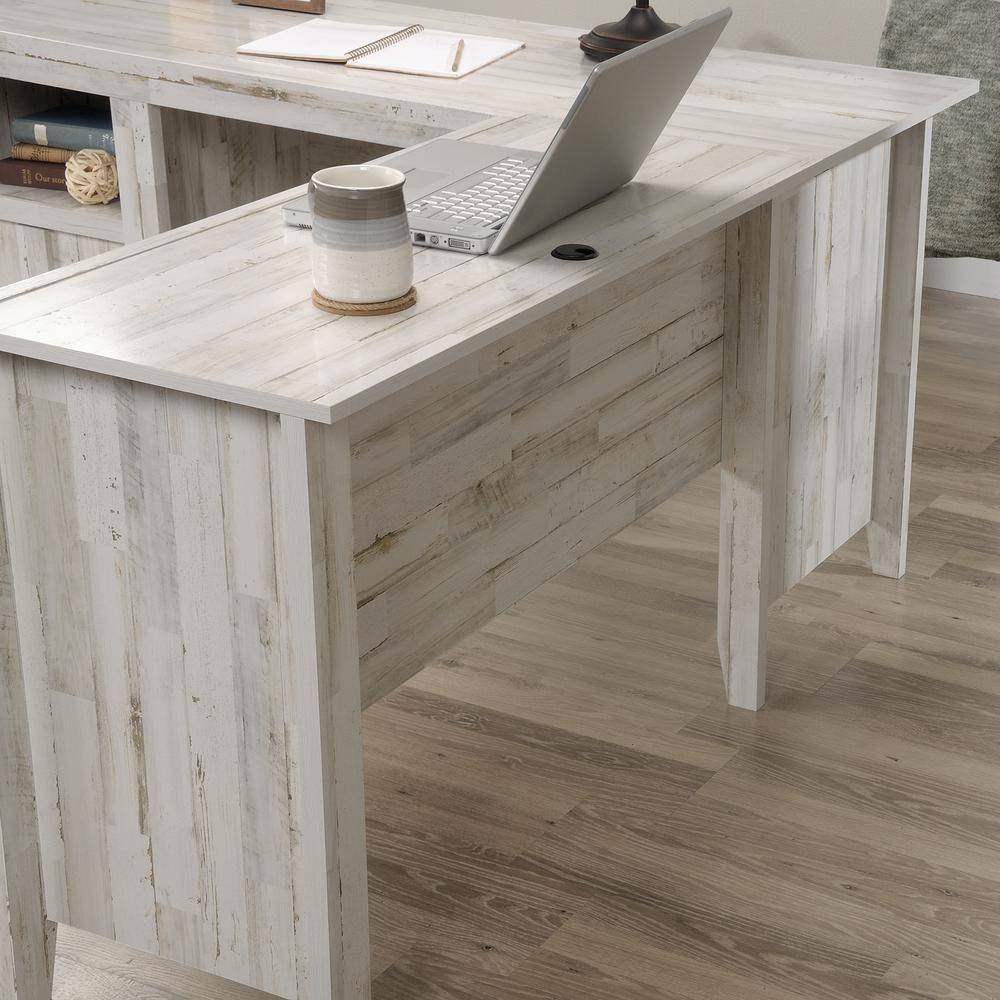 White Wood L-Shaped Computer Desk with Drawer and Keyboard Tray