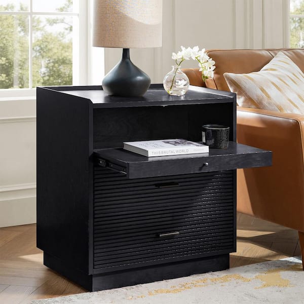 JAYDEN CREATION Enzo Black 2 Drawer Nightstand with USB and LED