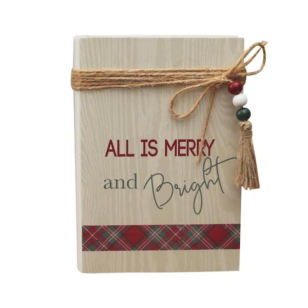 PARISLOFT 6.5 in. Cream Wood All Merry and Bright Christmas Decorative Faux Wood Book Wood Beads