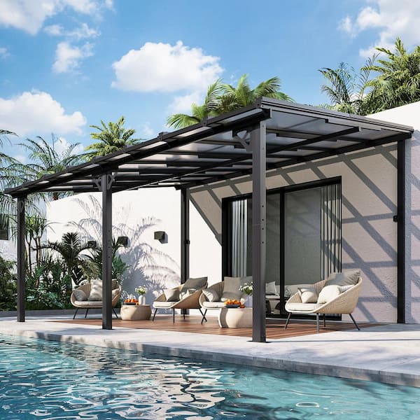 16 ft. x 12 ft. Wall-Mounted Sloped Roof Hardtop Gazebo with Polycarbonate Panels in Black