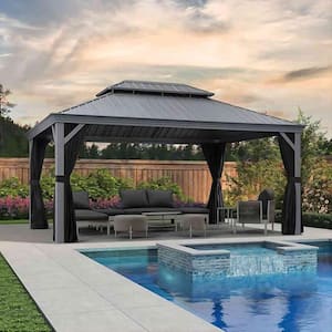 12 ft. x 16 ft. Light Gray Patio Outdoor Gazebo for Backyard Hardtop Galvanized Steel Frame with Upgrade Curtain