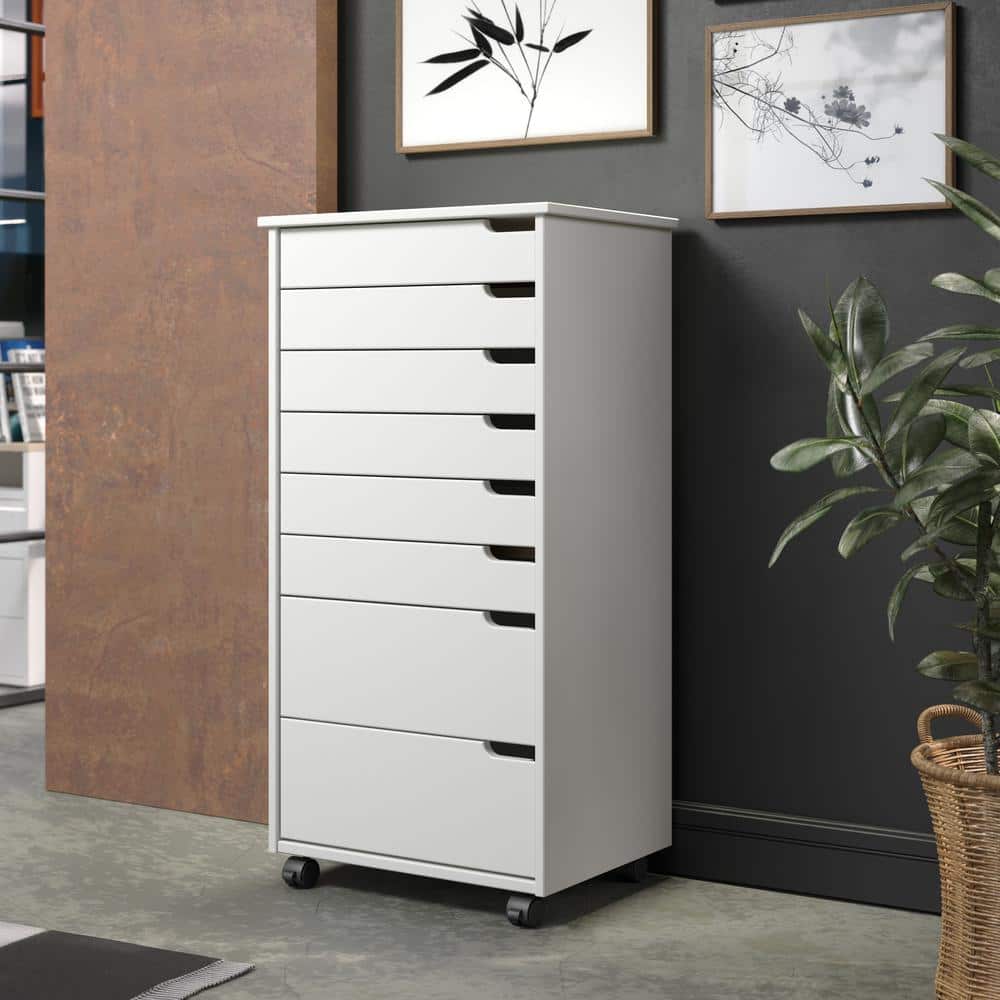 Euro White Solid Wood 8-Drawer Rolling Office Storage Cart