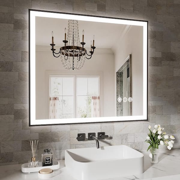 Black 30 in. W x 36 in. H LED Wall Mirror Rectangle Vanity Mirror for Bathroom, Living Room, Bedroom