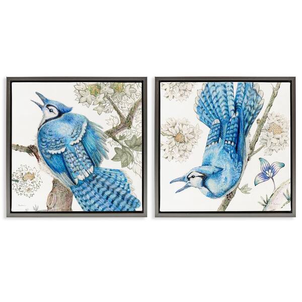 Blue Jays with White Blossoms by Evelia Designs 2 Pieces Gray Floater Frame Animal Graphic Art Print 25 in. x 25 in.