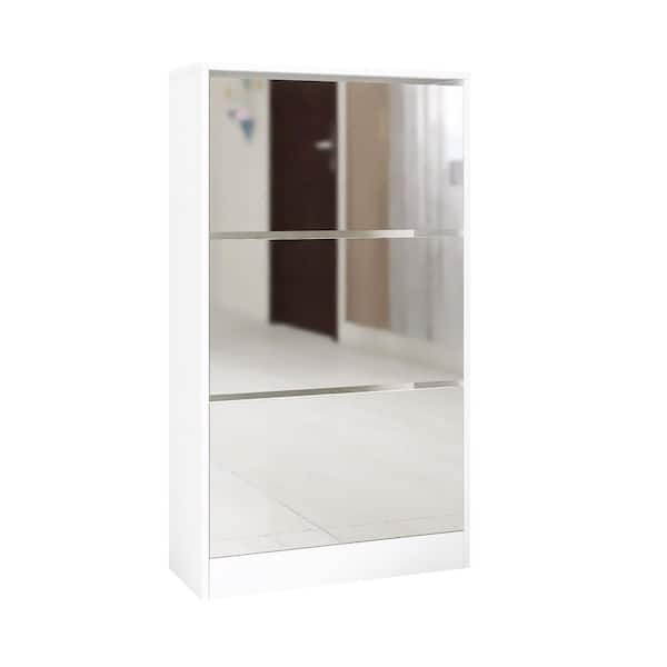 Siavonce Narrow Shoe Storage Cabinet with Mirror, Wood Slim