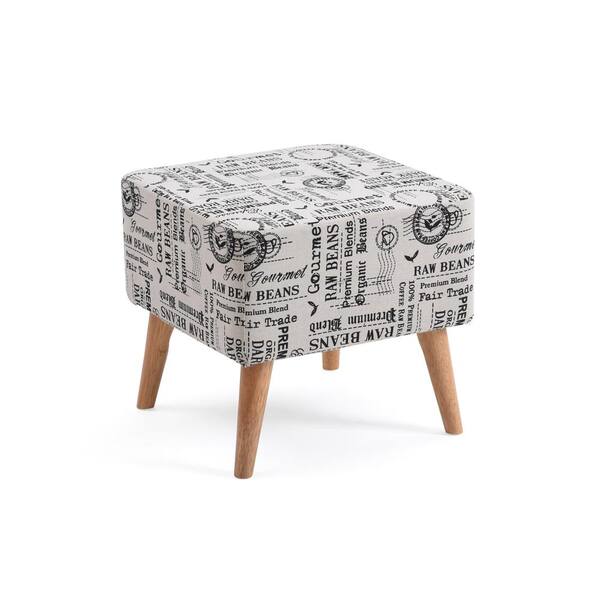 HODEDAH Accent White Ottoman Upholstered in a Newspaper Print Design