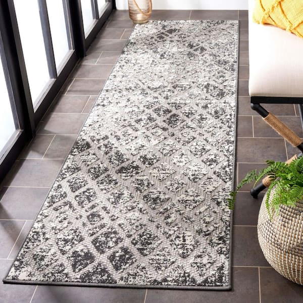 Cottage Gray 2 ft. x 8 ft. Distressed Diamond Indoor/Outdoor Runner Rug