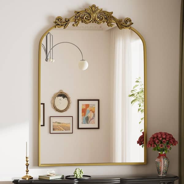 XRAMFY 30 in. W x 40 in. H Modern Arched Gold Metal Framed with Carved Decoration Vanity Wall Mirror