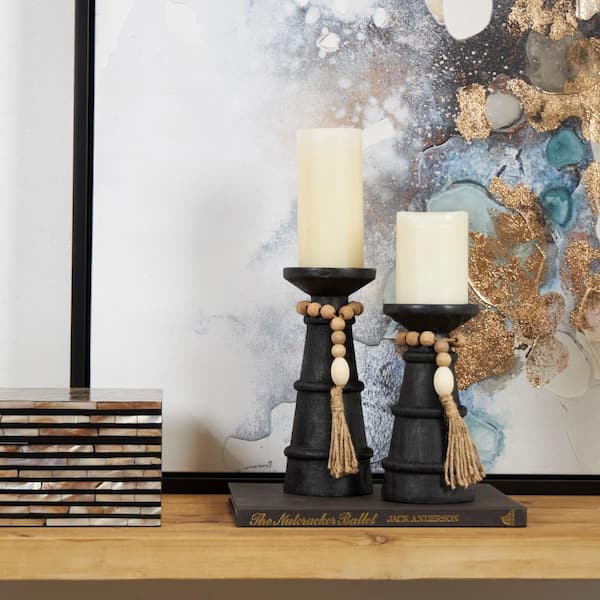 Litton Lane Black Wood Handmade Textured Matte Candle Holder with Beaded Garland Accent (Set of 2)
