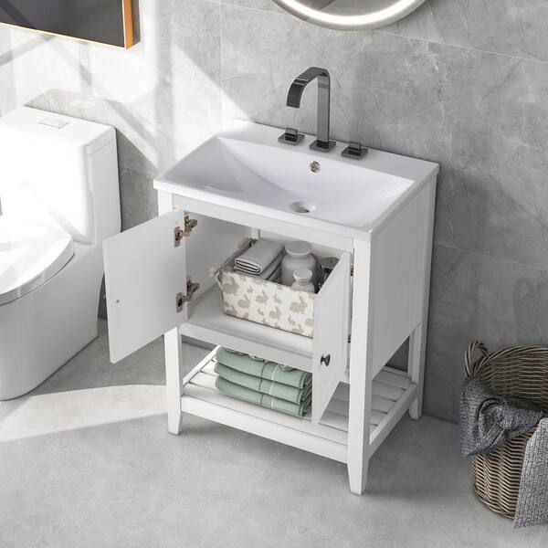 Unbranded 24 in. W. x 18 in. D x 34 in. H Single Sink Freestanding Bath Vanity in White with White Ceramic Top