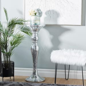 14 in. Silver Polystone Tall Floor Pedestal End Table with Mosaic Mirror Inlay