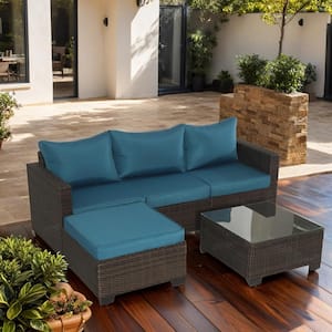 Brown 5-Piece Wicker Patio Conversation Set with Peacock Blue Cushions