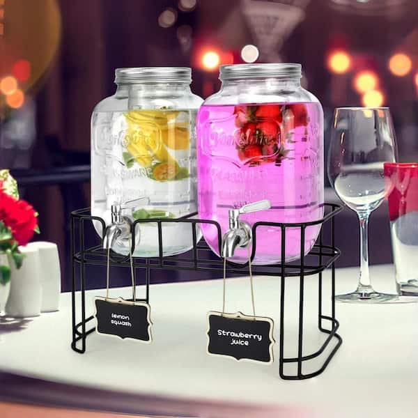1 Gal. Glass Drink Dispensers for Parties with  Ice Cylinder, Stand and Stainless Steel Spigot, Leakproof, Pack of 2