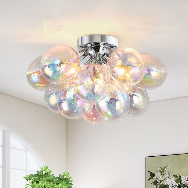 17.72 in. Modern Artistic Chrome 3-Light Flush Mount Ceiling Light with Tinted Glass