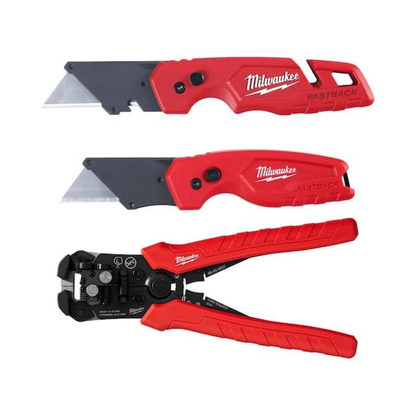 Milwaukee FASTBACK Folding Utility Knife and Compact Folding Utility Knife with Self-Adjusting Wire Stripper and Cutter (3-Piece)