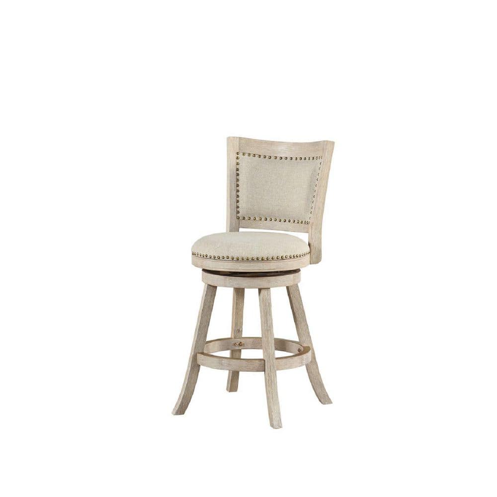 Ivory Linen Upholstered Swivel Counter Stool with Nailhead Trim