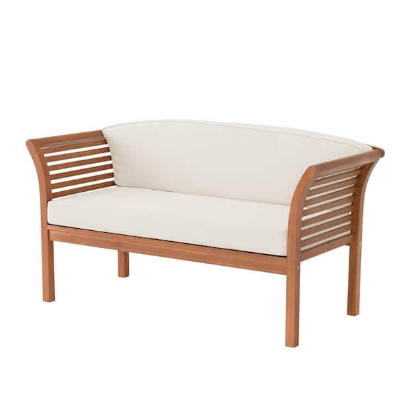 Alaterre Furniture Stamford Eucalyptus Wood Outdoor Bench with Cushions, Natural (57in W x 24in D x 31in H)