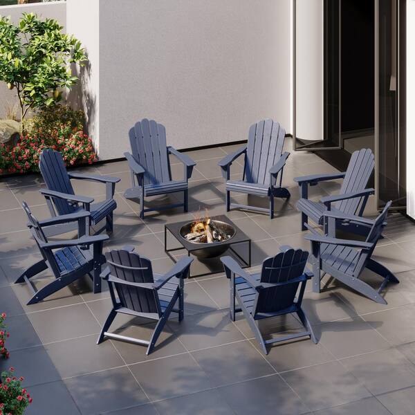 Aderson Set of 8 All Weather Fade Resistant Outdoor Patio HDPE Adirondack Chairs with Cup Holders in Navy Blue