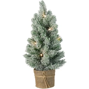 17 in. Mini Artificial Tabletop LED Flocked Christmas Tree with Burlap Base- Clear Lights