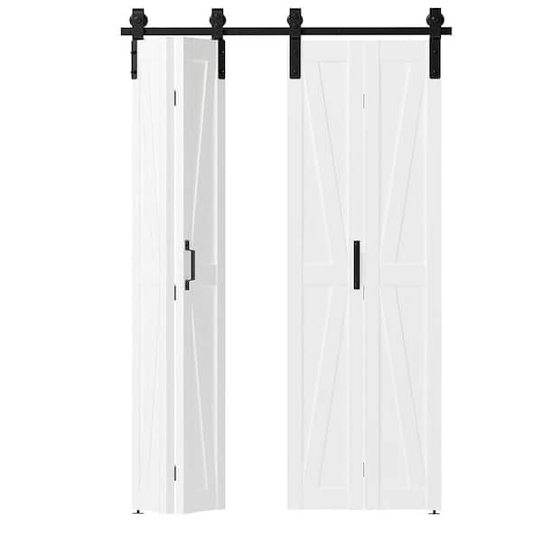 48 in. x 84 in. (24 in. x 2 in. ) K-Shaped Bi-Fold MDF White Pre-drilled Sliding Barn Door with Hardware Kit Set