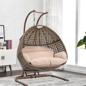 52.8 in. 2-Person Brown Metal Patio Swing Chair with Stand and Beige Cushions